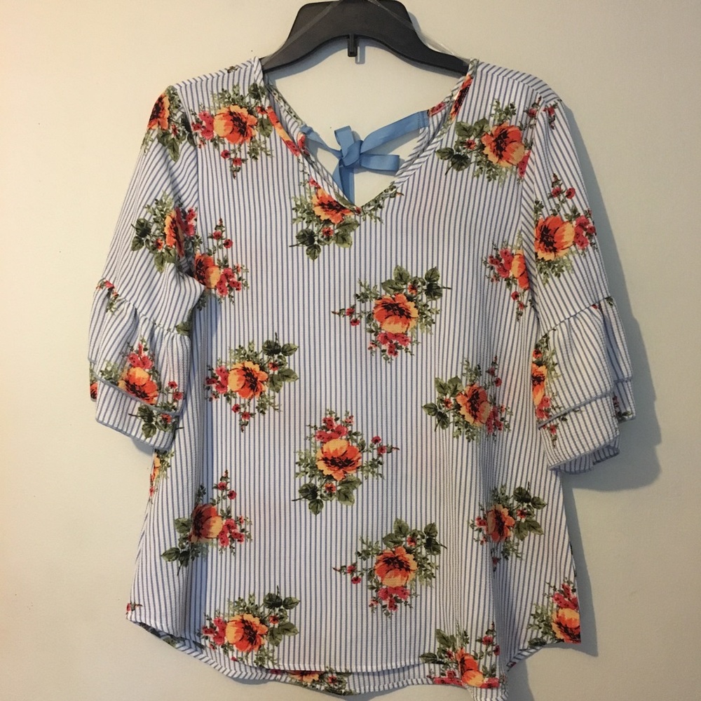 Striped Flower-Pattern Blouse